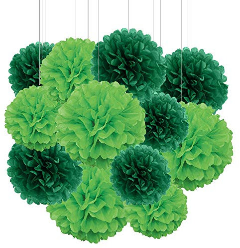 ZooYoo 12 Stück grüne und dunkelgrüne hängende Pompons aus Seidenpapier für partydeko,decke,wand,seidenblumen– 2 Farben à 30,5 cm, 25,4 cm
