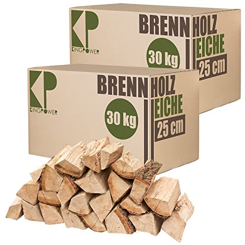 Holz Reine Eiche 30, 60 und 90 kg Kaminholz 25 cm Brennholz für Kamin Feuerschale Smoker Ofen Grill kammergetrocknet Anzündholz Feuerholz ofenfertig Kingpower, Menge :60 kg