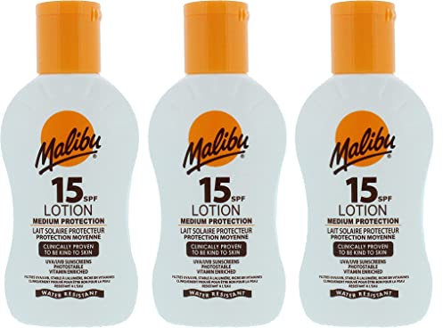 Malibu Lotion écran solaire SPF 15, haute protection, résistante à l'eau, enrichie en vitamines, 100 ml, paquet de 3