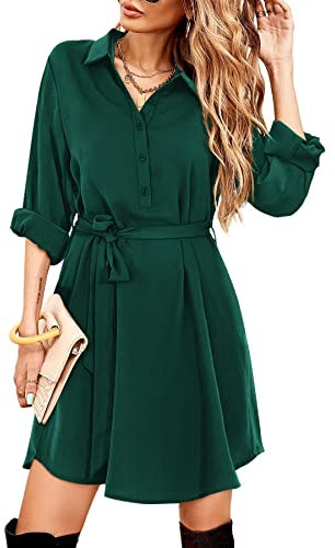 Beluring Women's Casual V Neck Long Sleeve Dress Tunic Shirt Dresses Dark Green Size 12 14