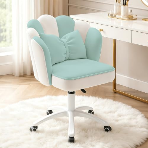 HDHNBA Vanity Chair Velvet Petal Desk Chair Upholstered Modern Tufted Home Office Chair with Back,Height Adjustable Computer Task Chair for Bedroom Living Room(Blue and White)