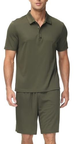 JINSHI Freizeitanzug Sportanzug Herren Trainingsanzug Sommer Jogginganzug 2-Teiliges Outfit Sets Kurzarm Shirts Polokragen mit Brillenhalter und Sport Shorts mit Taschen Grün 3XL