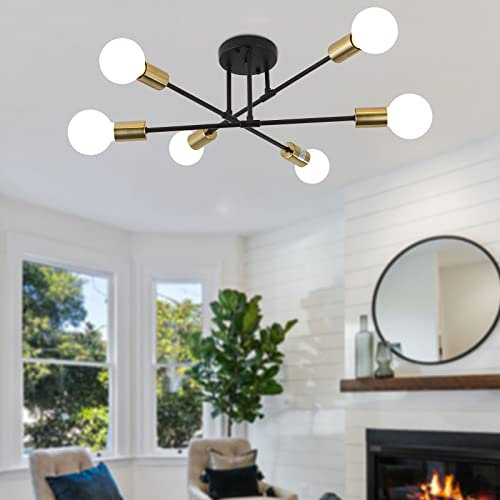 MRHYSWD Deckenleuchte Vintage, 6 Flammig Schwarz und Gold Industrial Deckenlampe Wohnzimmer Schlafzimmer Küche Esszimmer Flur, Sputnik Kronleuchter Modern Retro Deckenlampe E27 (Ohne GlüHbirnen)