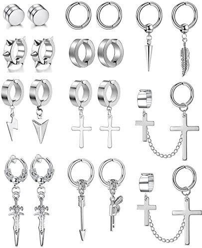 BVLAGIDA 20 Stücke Edelstahl magnet ohrringe für Männer Damen Creolen Kreuz Anhänger Nicht Piercing Hypoallergen Non-piercing Clip on Ohrringe, Silber