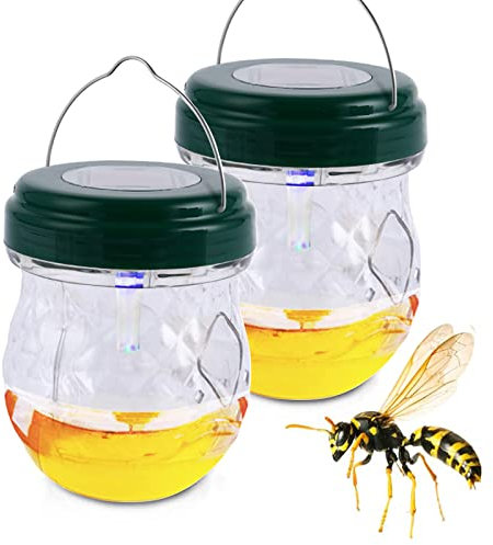 Piege a Guepes Exterieur Jardin, Piege a Guepes et Frelons, Piege a Mouche Solaire avec Lumière, Piège Frelon Asiatique LED, Piège à Frelons à Suspendre Attrape Abeilles Amovible (2 Pièces, Vert)