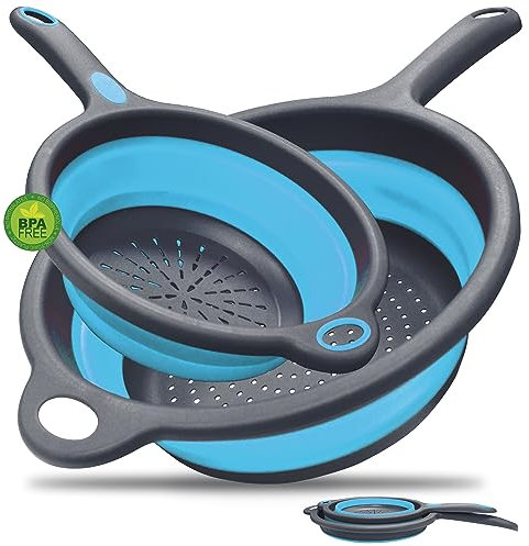 Walfos Paquete de 2 Escurridor Plegable Silicona, Cocina Plegable escurridor pasta de Silicona, Coladores de Cocina Plegable con Asa para Escurrir Frutas y Verduras Pasta, 24 & 20cm