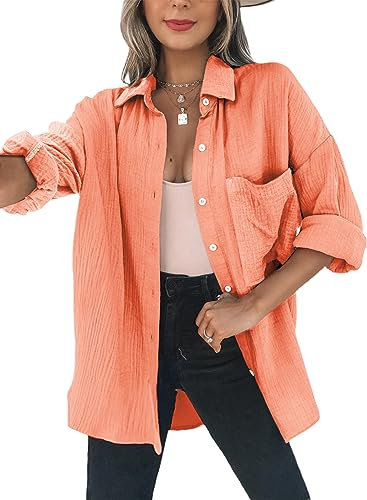 Dokotoo Bluse Damen Musselin Langarmshirt Baumwolle Lässig Oberteile Hemd Langarm Farbblock Shirts Einfarbig Tops Hemdjacke Orange M