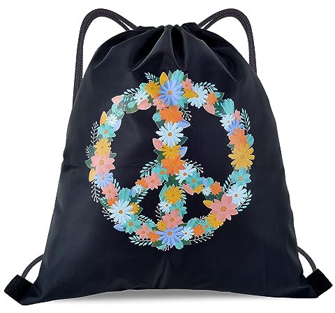 jiawaggag Turnbeutel Hippie Rucksack Flower Power Retro Schlagermove Accessoires für 60er 70er Jahre Herren Damen Mottoparty Fasching Karneval Orange (Schwarz)