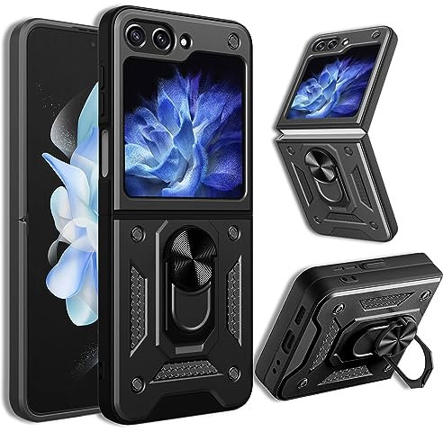 Yutwo Cover per Samsung Z Flip 5, Custodia per Samsung Galaxy Z Flip 5 Antiurto Scorrevole Protezione Fotocamera Custodia con 360°Rotante Anello Supporto Cover per Samsung Galaxy Z Flip 5- Nero