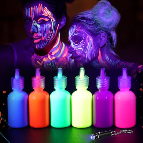 LOPHE UV-Licht Bodypainting Schminke Schwarzlicht Körperfarbe für Body, 6 x 30 ml Kinderschminke Set, Waschbar Face Paint für karneval Weihnachten Partyschminke Körperfarbe (A)