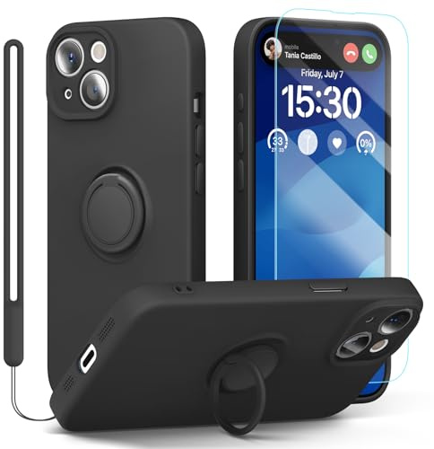 pcgaga Silicone Phone Case for iPhone 15 Plus with Screen Protector [Ring Holder Stand] [Wrist Strap] [Microfiber Lining] Slim Shockproof Protective Cover, 6.7, Black