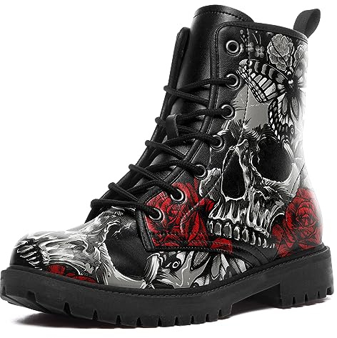 coolcustomize Herren Schwarz Combat Boots Fashion Cool Schnürschuh Totenkopf Rose Ankle Booties Chunky Heel Plateau Veganes Leder Stiefel, Black6, 14 Women/12 Men