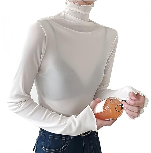 SamHeng Women Sheer Mesh Tops See-Through Long Sleeves Shirt Ladies Turtleneck Slim Fit Basic Blouse Tee Tops Party Clubwear(White/XL)