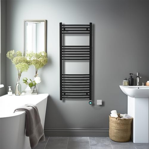 NRG Prefilled Curved Electric Heated Towel Rail Radiator Black Thermostatic Bathroom Warmer with LCD Display 1200x500mm - 600Watt