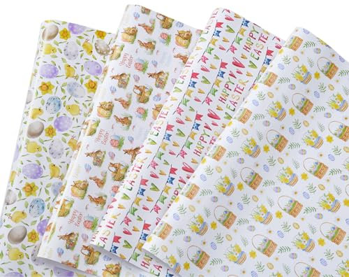 HBell 8 Sheet Easter Wrapping Paper 4 Designs Easter Egg Bunny Chick Wrapping Paper Cartoon Art Colorful Easter Wrapp Paper for Spring Holiday Easter Party Gift Wrap DIY Craft