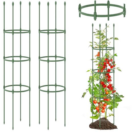 COSTWAY Tomaten Rankhilfe 2er Set, verstellbare Höhe | 3 Ringe, Tomatenkäfig Pflanzenkäfig Garten, Pflanzenstütze für Kletterpflanzen Gurken Blumen, Metall & Kunststoff, Grün (143cm hoch)