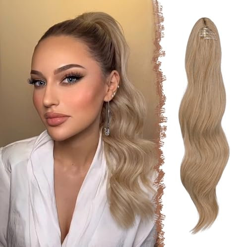 FESHFEN Pferdeschwanz Extensions Klammer, 50 cm Hair Extensions Zopf Lang Pferdeschwanz Haarteil Clip Gewellt Extensions Zopf Blond und Aschblond Gemischt Pferdeschwanz Haarverlängerung für Frauen