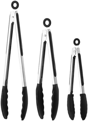 LESEED Pince Cuisine Silicone Lot de 3, Pince de Cuisine Résistantes aux Hautes et Basses Températures avec Verrou de Sécurité, Pour Barbecue et Rangement Facile Pince Silicone Cuisine (Noir)