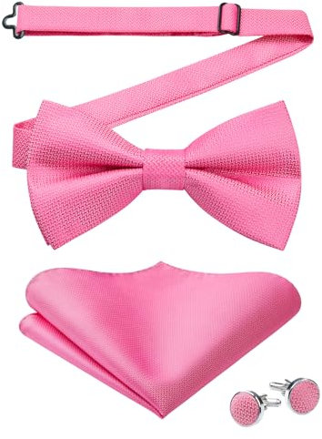 HISDERN Herren Fliege Einfarbig Vorgebundene Fliegen und Einstecktuch mit Manschettenknöpfe Set Seide Fliege Anzug Rosa für Hochzeit Karneval