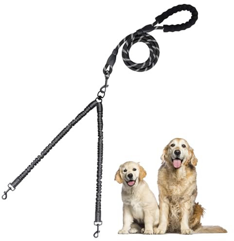 Lvjkes Doppelleine Hundeleine, Hundeleine mit Zwei Seilen, Doppelte Hundeleine Abnehmbarer Anti-Verwicklungsschutz Komfortables Gehtraining für Zwei mittelgroße oder große Hunde (Schwarz)