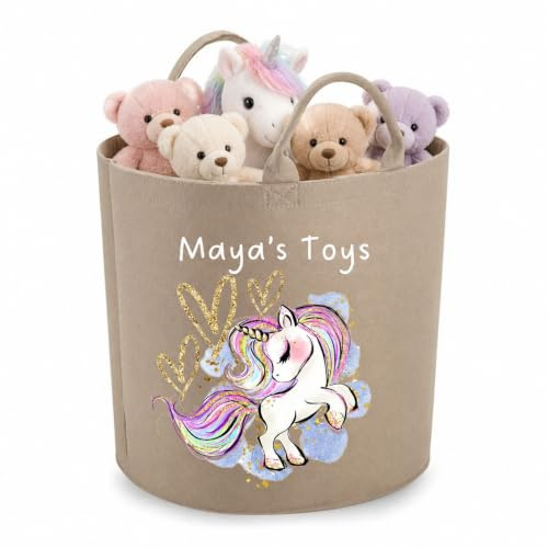 Personalised Toy Basket for Kids Storage Tub Unicorn Design Laundry Hamper for Girls and Boys, Large (Sand)