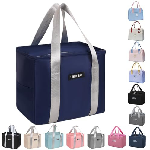 WUWYOUWL Lonchera con aislamiento de cartón, reutilizable, impermeable, plegable, para mujeres, hombres, niños y estudiantes, viajes, picnic, escuela (azul marino-1)