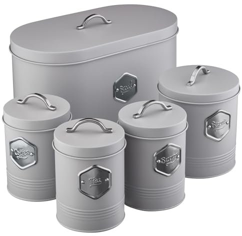 Cooks Professional 5 Piece Tea Coffee Sugar Bread & Biscuit Cannister Set | Labelled Storage Tins | Containers with Airtight Lids | Canisters for Kitchen Accessories & Essentials | Grey & Silver