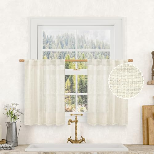 LAMIT Short Linen Kitchen Window Curtains 36 Inch Length, Over Sink Semi Sheer Light Filtering Panels Back Tab and Rod Pocket Drapes for Basement Bathroom Window, 2 Panels, Cream Ivory，34 x 36 Inch