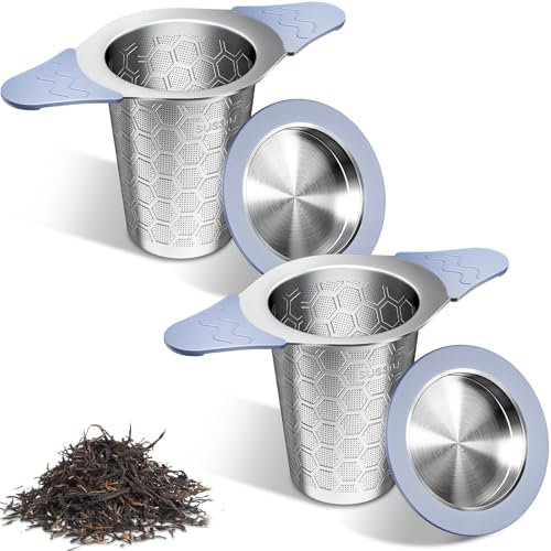 Tea Strainers for Loose Tea,Large Tea Infuser Basket with Heat Proof Double Silicone Handles,Fine Mesh Stainless Steel Tea Strainers & Filters Fits Tea pots & Mugs, Filter Fine Tea Leaves Effec 2 pack