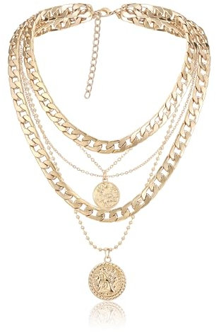Ever Faith Chunky Gold Layered Necklaces for Women, Trendy Retro Coin Pendant Necklace Punk 80s Hip Hop Multilayer Cuban Link Chain Statement Necklace