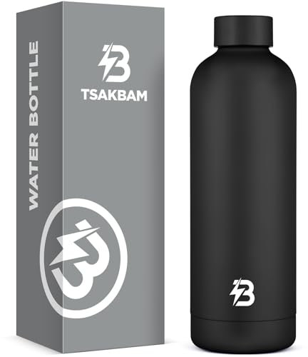 Trinkflasche Sport Edelstahl, 750ml Thermosflasche, Sportflasche Metall mit Deckel Auslaufsicher, Kohlensäure Geeignet, Spülmaschinenfest, für Fitnessstudio, Gym(Schwarz)