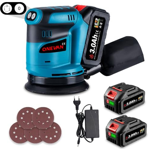 OnEVAN Lijadoras excéntricas inalámbricas con 2 baterías 3000mAh, lijadora de 125 mm lijadora inalámbrica 12000 rpm, con bolsa para el polvo y 5 papeles de lija, lijadora eléctrica lijadora de madera