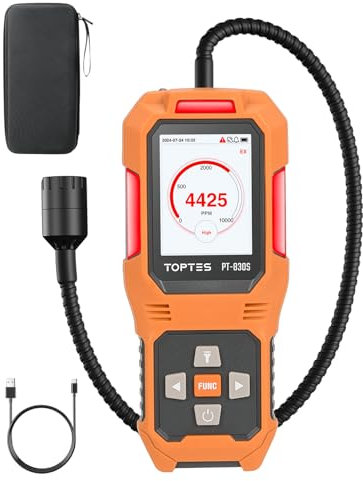 TopTes PT-830S Detector de Gas Recargable con Sonda de 36,8 cm, Rango 0-10000 ppm, Pantalla a Color TFT con 3 Tipos de Alarma, Detector de Fugas de Gas para Propano, Metano para Hogar o Industrial