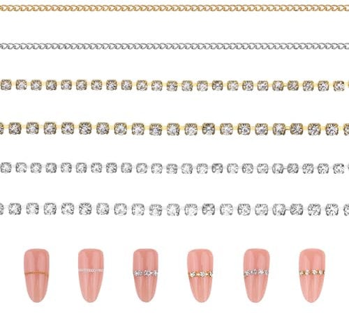 PEOVLVN 6 Strips Nail Chains for Nail Art, Metal Nail Chains 3D Nail Art Charms Gold & Silver Chain Nail Charms Nail Jewelry for DIY Nails Making Manicure Women Nail Art Decoration