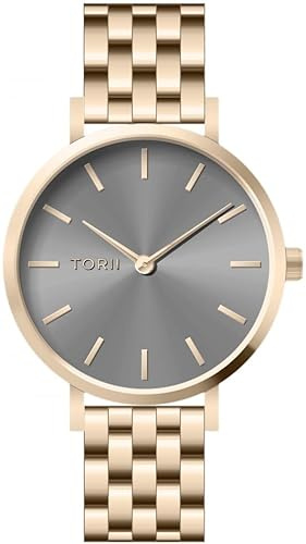 TORII Damenuhr Grau Edelstahl - rund Quarz L34LB.AL Edelstahlarmband Strichindizes wasserdicht 50 m