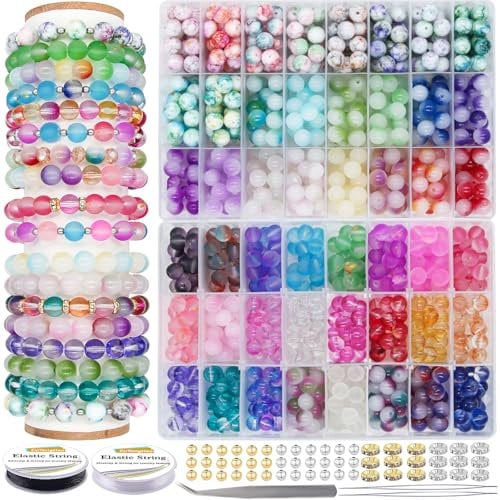 EuTengHao Glass Crystal Beads Jewelry Supplies Kit - 48 Colors 10mm Round Glass & Crystal Beads with Elastic Cord, Spacers, DIY Bracelet Necklace Making