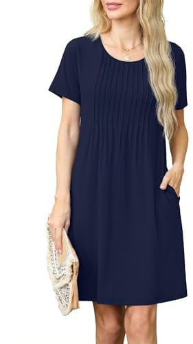 GRECERELLE Womens Summer Mini Dress Casual Short Sleeve Crew Neck Pleated Dresses with Pocket for Ladies (Navy Blue, M)