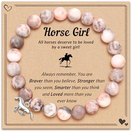 LunarCharm Armband mit Pferdeanhänger aus rosa Naturstein, Armband mit Pferdeanhänger für Mädchen, Pferdegeschenke für Mädchen, Tochter, Nichte, Enkelin, die Pferde liebte