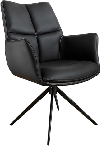 Stuhl PAPILLON - 62cm - schwarz - Echtleder Metall-Beine drehbar Armlehne | Auto-Return-Funktion, hoher Komfort, bequeme Polsterung, pflegeleicht, langlebig, stabil, Esszimmerstuhl