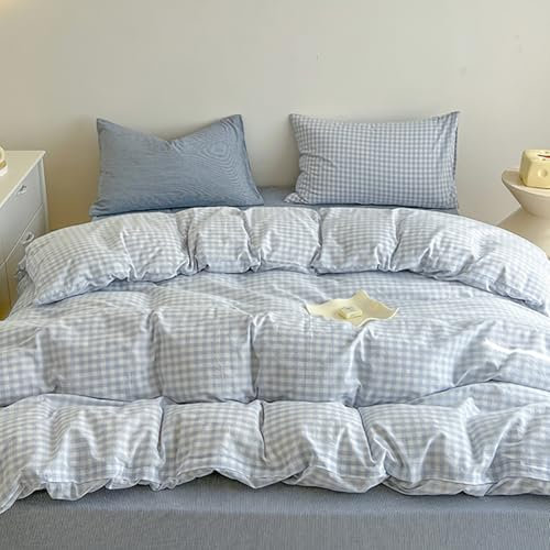 Covebett Bettwäsche Kariert 200x200 Blau Weiß Bettwäsche Set Gewaschene Microfaser 3teilig, Modern Aesthetic Weiss Blau Karo Gitter Bettbezug mit Reißverschluss und 2 Kissenbezug 80x80 cm