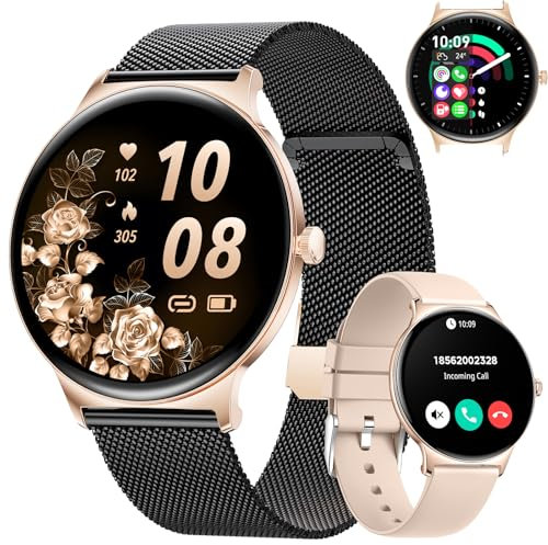 Women's Smart Watch for Android iOS with Bluetooth Phone Calls 7mm Round Dial Female Smartwatch 1.43 AMOLED Always-On Display Heart Rate Sleep Monitor Mesh Black Ladies Smartwatch 100+ Sport