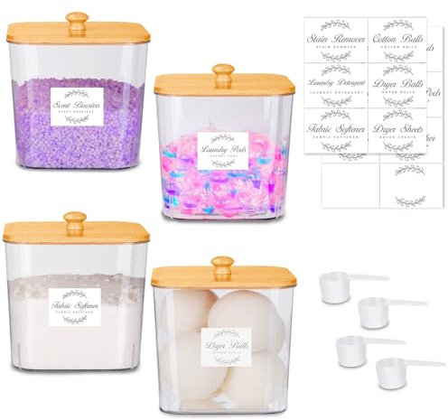 4 Pack Laundry Pods Container Set with Bamboo Lid, Scoops and Labels, Laundry Containers, Laundry Pods Holder, Clear Laundry Room Organization Containers for Washing Pods, Powder, Scent Booster