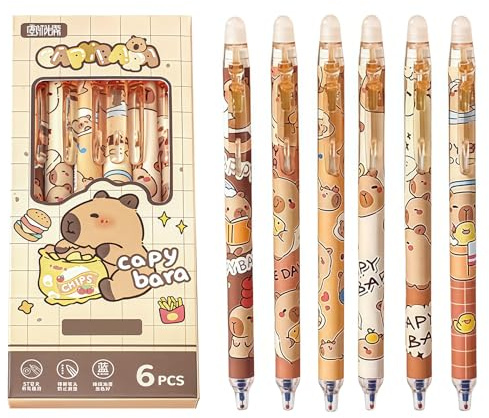 Mrltau 6 Stück radierbarer Kugelschreiber mit Capibaras (0,5 mm blau), einziehbar, Capybara Dinge, ästhetische Kapibara, Kawaii, niedliche Artikel