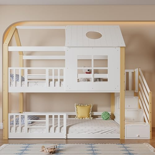 Dolamaní Litera para 2 niños, 90 x 200 cm, con techo y ventanas preciosas, cama de casa con espacio de almacenamiento de seguridad, protección contra caídas, cama de madera de pino (blanco y natural B