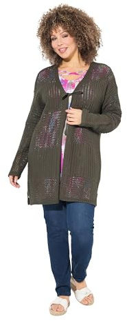 Ulla Popken Damen große Größen Übergrößen Plus Size Strickjacke, Lochstrick, Oversized, V-Ausschnitt olivgrau 54+ 829032200-54+