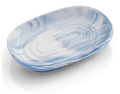 Ceramic Soap Dish for Bathroom Counter: Oval Blue Marble Soap Tray Keeps Soap Dry – Anti-Slip Stone Soapbox for Sink, Shower, Kitchen – Blue Bathroom Accessories for Home, Women, Guests