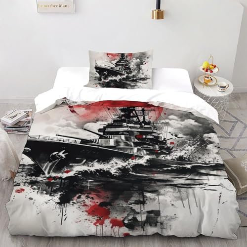 Battleship 2 Pieces Duvet Cover,3D Printed Wheelbarrow Bedding Set,1 Pillowcases,Hidden Zipper,Microfiber Quilt Cover,Single（135x200cm）