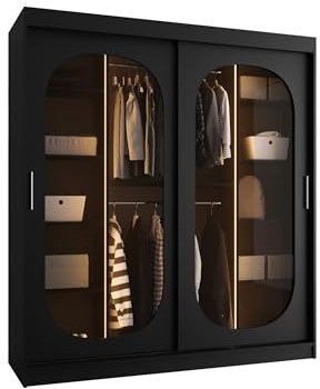 Mirjan24 Kleiderschrank Bimaza 180 mit Schubladen und Glastüren - Rauchglas, Schiebetürenschrank mit einlegeböden und Kleiderstange, Garderobenschrank (Schwarz, mit LED Beleuchtung)