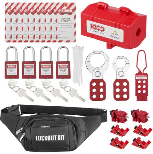 Lock Off Kit for Electricians 43 Pcs, Safety Lockout Padlock, Lockout Tagout Kit, Universal Circuit Breaker Lock Out Tag Out Kit, Hasp Set, Plug Lockout Set with Storage Bag for Industrial
