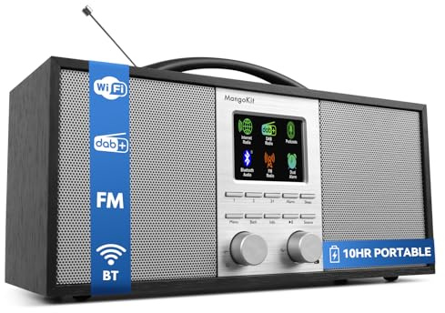 MangoKit SR40 Internetradio WiFi, Bluetooth, DAB/DAB+/FM,10h Akku, Schwarz | UKW-Radio,150 Senderspeicher, 2.0 Lautsprecher, AUX-Eingang, Holzgehäuse,Tragbarer Griff, Radiowecker, Podcasts, USB-C Ladung